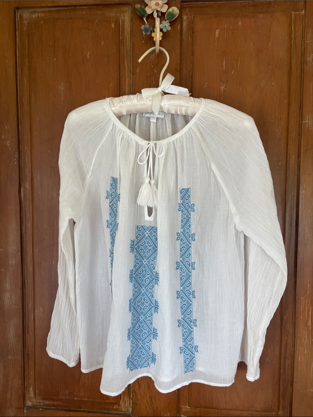 Boho Embroidered White Peasant Top with Blue Accents